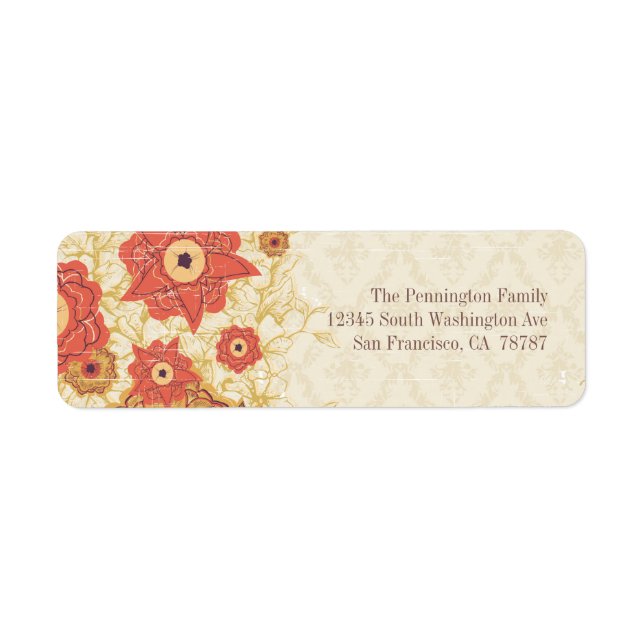 Vintage red gold poppy flowers address label (Front)