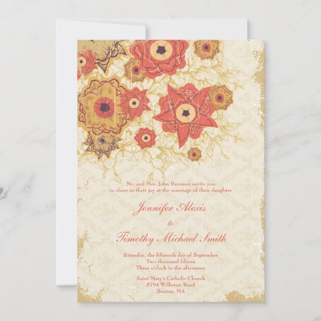 Vintage red gold poppy flowers wedding invitation (Front)