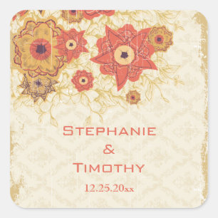 Vintage red gold poppy flowers wedding stickers