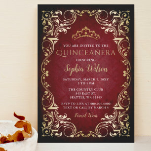 Vintage Red Gold Princess Tiara Quinceañera Invitation