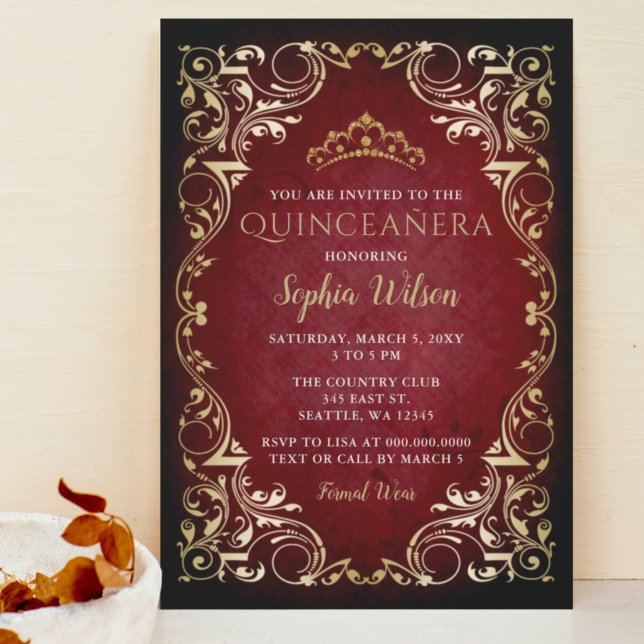 Vintage Red Gold Princess Tiara Quinceañera  Invitation (Creator Uploaded)