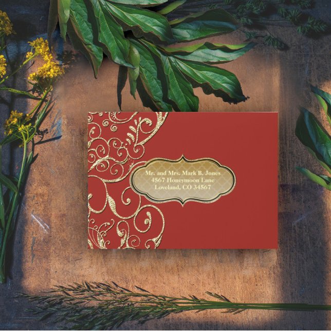 Vintage Red Gold Swirl Wedding RSVP Envelope (Creator Uploaded)