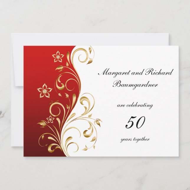Vintage Red Gold Swirls 50th Wedding Anniversary Invitation (Front)