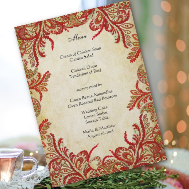 Vintage Red Gold Touch of Green Peacock Paisley Menu (Creator Uploaded)