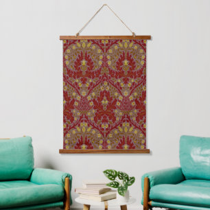Vintage Red Gold William Morris Autumn Flowers Hanging Tapestry