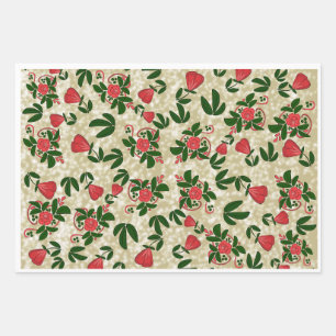 Vintage Red & Green Botanical Folk Art Wrapping Paper Sheet