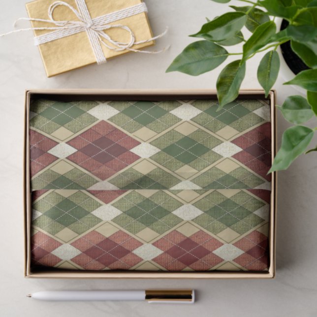 VINTAGE RED GREEN CHECKERED DIAMOND PATTERN TISSUE PAPER (Gift)