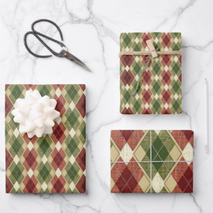 VINTAGE RED GREEN CHECKERED DIAMOND PATTERN WRAPPING PAPER SHEET