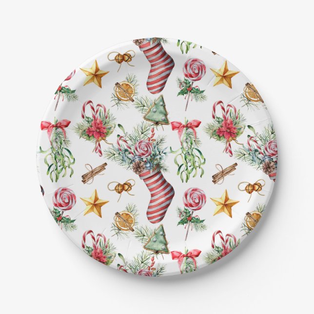 Vintage Red & Green Christmas Stocking Pattern Paper Plate (Front)