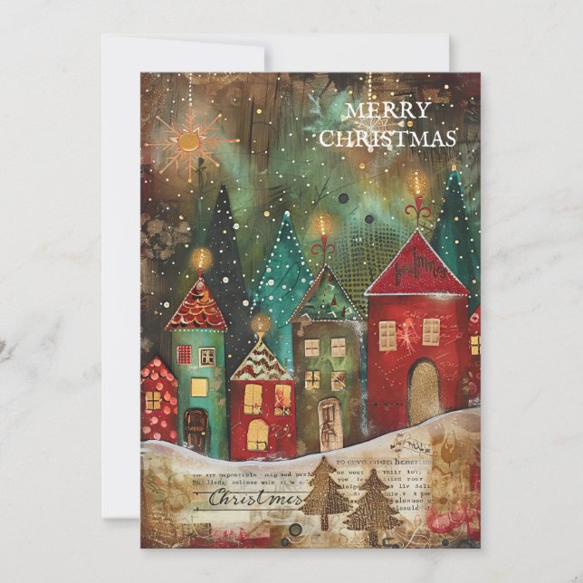 Vintage Red Green Christmas Village Holiday Card (Front)