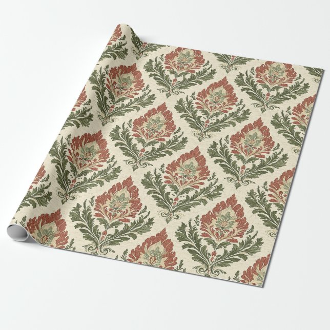 Vintage Red Green Damask Pattern (5) Wrapping Paper (Unrolled)