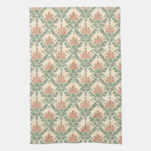 Vintage Red Green Damask Pattern Tea Towel