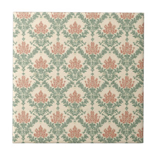 Vintage Red Green Damask Pattern Tile