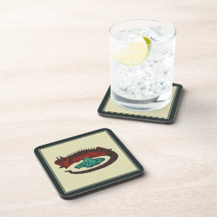 Vintage Red Green Dragon Lady Vector Art Nouveau Coaster