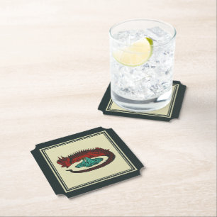 Vintage Red Green Dragon Lady Vector Art Nouveau Paper Coaster