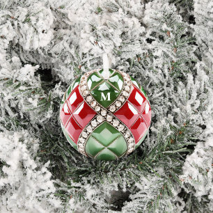 Vintage Red Green Faux Diamond Jewel Gem Initial Metal Tree Decoration
