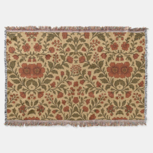 Vintage Red Green Floral Throw Blanket