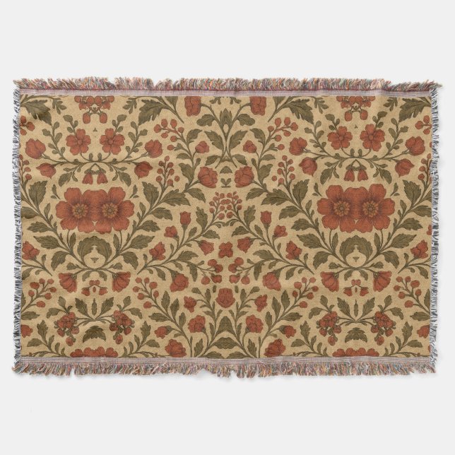 Vintage Red Green Floral  Throw Blanket (Front)