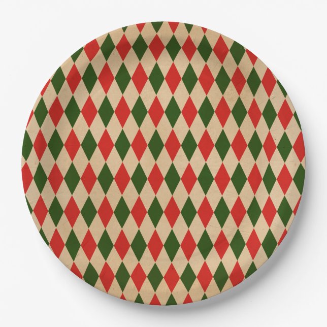 Vintage Red & Green Harlequin Pattern  Paper Plate (Front)
