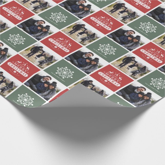 Vintage Red & Green Merry Christmas Photo  Wrapping Paper (Corner)