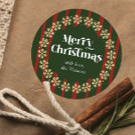 Vintage Red & Green Plaid Pattern Merry Christmas Classic Round Sticker<br><div class="desc">Add the finishing touch to your gift packaging this holiday season with these vintage inspired timeless red and green round stickers. Featuring retro font that reads 'Merry Christmas' with space for your custom text and family name underneath. The background is hand drawn stripe style with snowflake round border.</div>