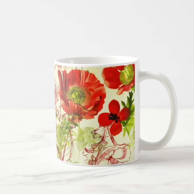 Vintage Red Green Poppies Summer Wildflowers Coffee Mug (Right)