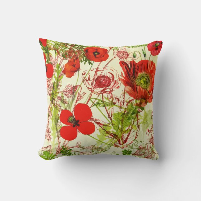 Vintage Red Green Poppies Summer Wildflowers Cushion (Front)
