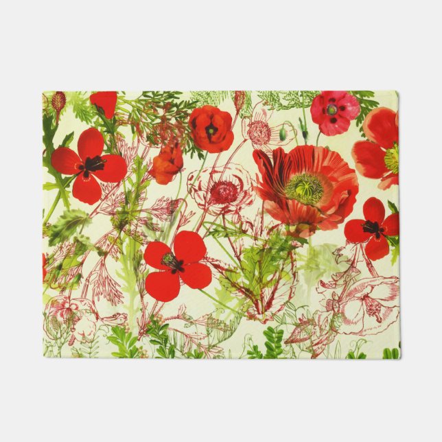 Vintage Red Green Poppies Summer Wildflowers Doormat (Front)
