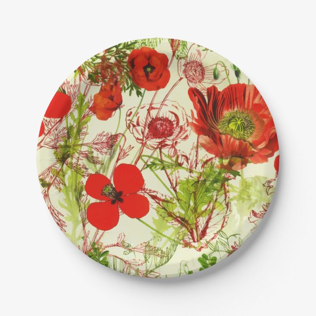 Vintage Red Green Poppies Summer Wildflowers Paper Plate (Front)