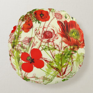 Vintage Red Green Poppies Summer Wildflowers Round Cushion
