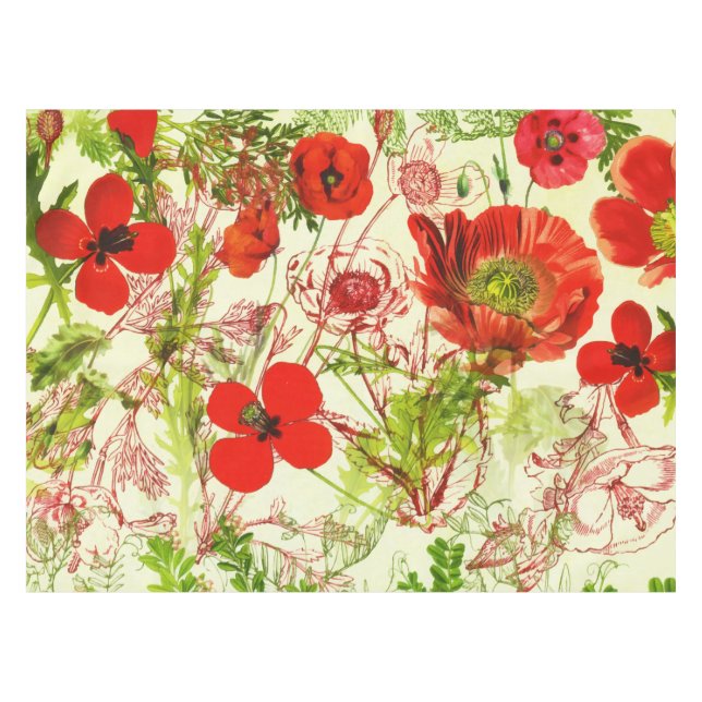 Vintage Red Green Poppies Summer Wildflowers Tablecloth (Front (Horizontal))