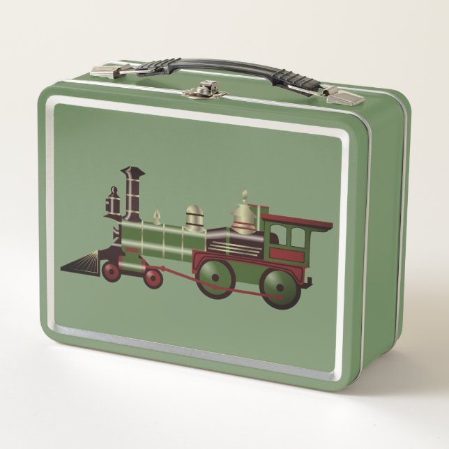 Vintage Red & Green Steam Train  Metal Lunch Box (Front)
