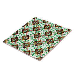 Vintage Red Green White Barcelona Floral Tile