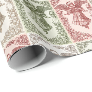 Vintage red green white floral Victorian angel Wrapping Paper