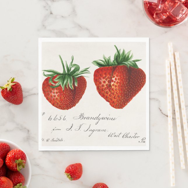 Vintage Red Green White Strawberry Art Napkin (Insitu)