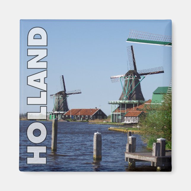 Vintage Red Green Zaanse Schans Dutch Windmills Magnet (Front)