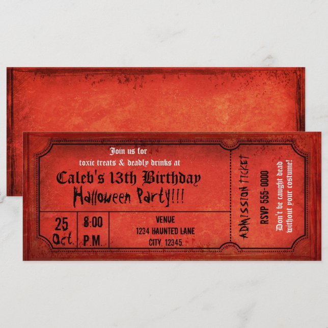 Vintage Red Halloween Birthday Party Ticket Invitation (Front/Back)
