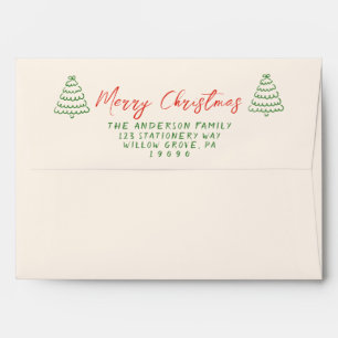 Vintage Red Hand Written Tree Merry Christmas    Envelope
