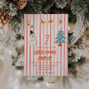 Vintage Red Illustrated Christmas Party Striped Invitation