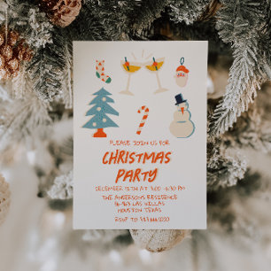 Vintage Red Illustrated Fun Christmas Party Trendy Invitation