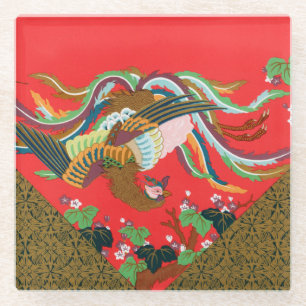 Vintage Red Japanese Phoenix Bird Art G.A. Audsley Glass Coaster