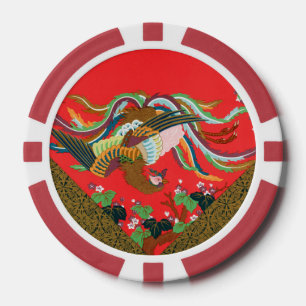 Vintage Red Japanese Phoenix Bird Art G.A. Audsley Poker Chips