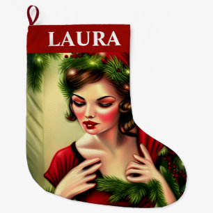 Vintage Red Lady Retro  Large Christmas Stocking