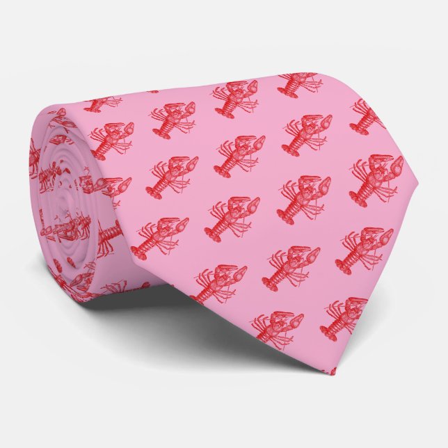 Vintage Red Lobster #1 Drawing Pink BG Tie (Rolled)