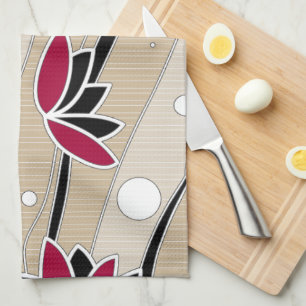 Vintage Red Lotus Flowers on Beige Stripes Tea Towel