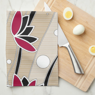 Vintage Red Lotus Flowers on Beige Stripes Tea Towel