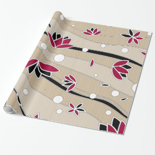 Vintage Red Lotus Flowers on Beige Stripes Wrapping Paper