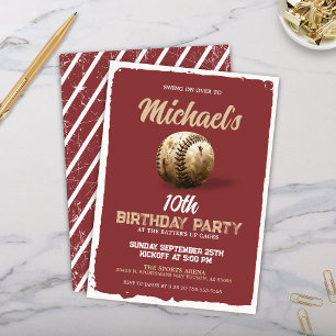 Vintage Red Maroon Baseball Theme Birthday Party Invitation