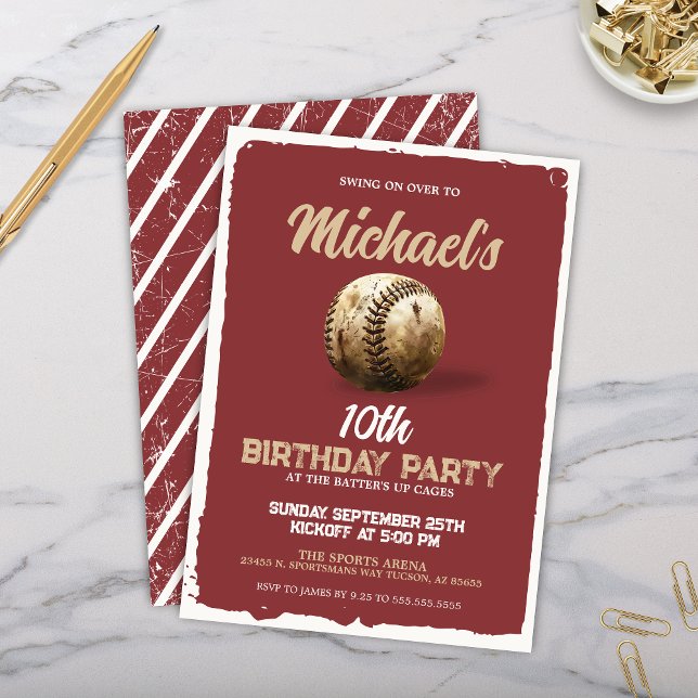 Vintage Red Maroon Baseball Theme Birthday Party Invitation (Vintage red burgundy maroon baseball theme birthday party invitation or sports viewing party invite)
