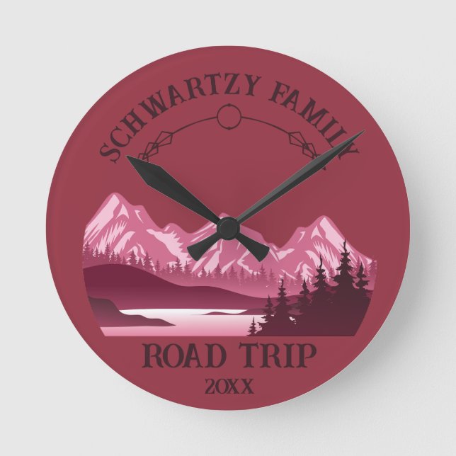 Vintage Red Mountain Lake Sunset Round Clock (Front)